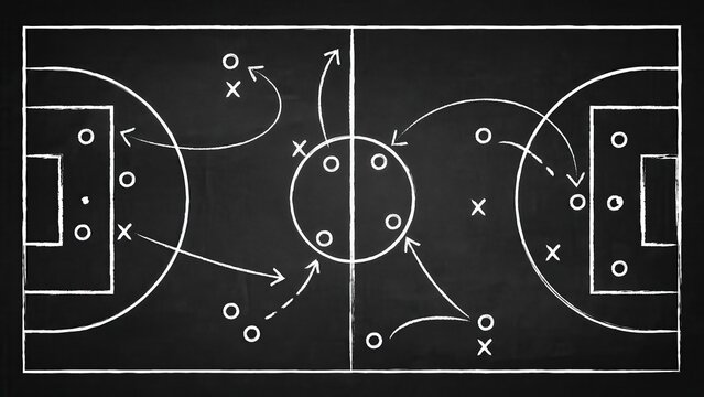 Soccer tactics and sports game strategy sketches on chalkboard background