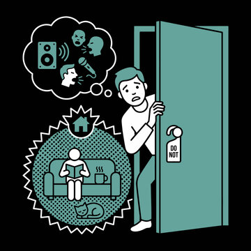 Anxious man peeking through door avoiding social noise and loud parties for quiet home life.