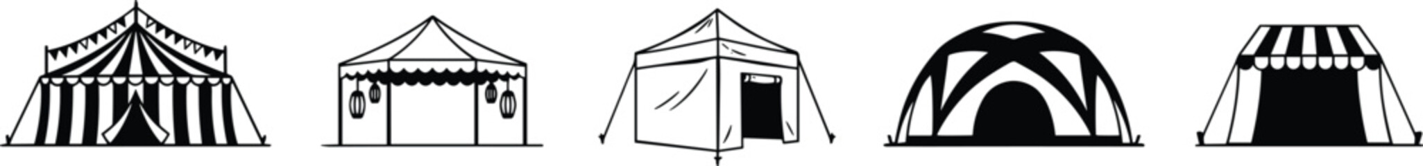 Tents and event marquees vector icon set featuring black silhouette shapes of circus big top festival canopy camping dome tent and awning on white background © KHATUN