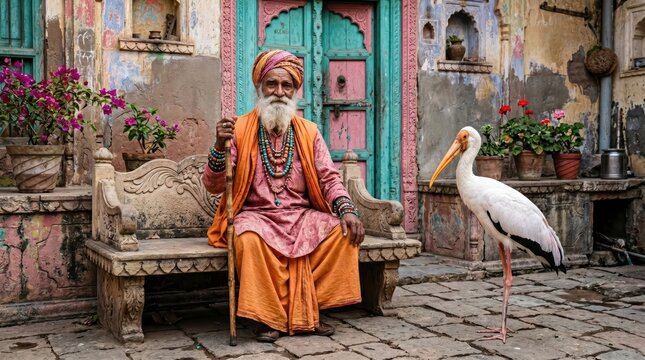 Elderly man seated on carved bench beside white stork in ornate courtyard setting, dressed in layered traditional robes and turban with staff and prayer beads, serene outdoor portrait