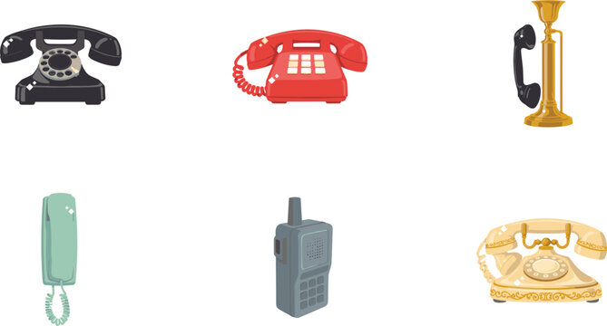 Vintage and retro telephone vector illustration set with classic rotary dial phones old candlestick telephone wall phone and vintage mobile radio transceiver icons