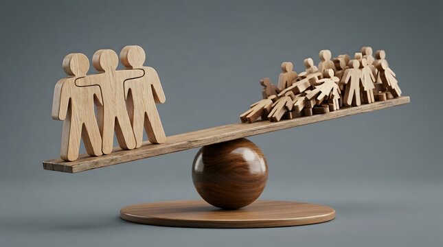 Wooden balance scale weighing three large figures against many smaller ones showing efficiency