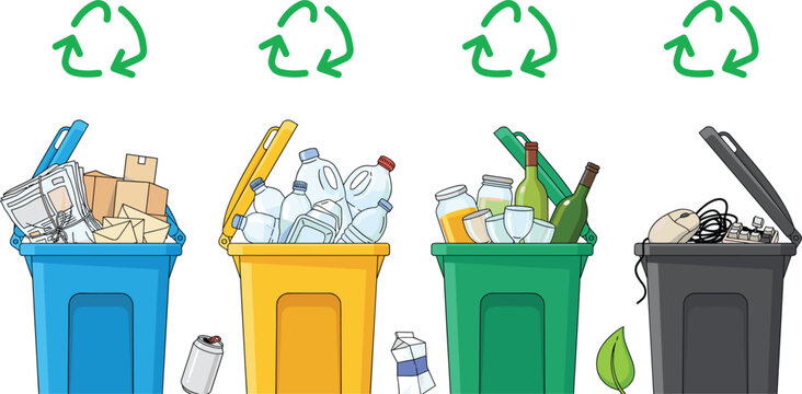Waste separation and recycling bin vector illustration with blue yellow green black color trash cans full of paper plastic glass e-waste objects