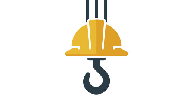 Industrial safety concept illustration featuring a yellow hard hat construction helmet hanging from a heavy duty crane hook.