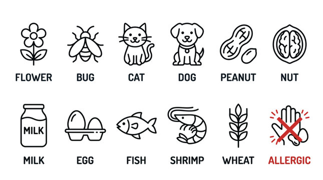 Set of common food allergy icons and intolerance symbols with text labels.