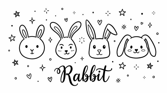 Set of cute bunny rabbit face line art illustrations.