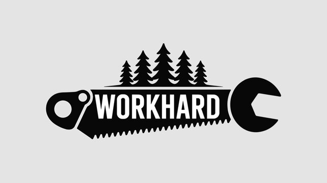 Industrial logo design for workhard featuring a hand saw with tree silhouettes and a wrench integrated for carpentry branding.
