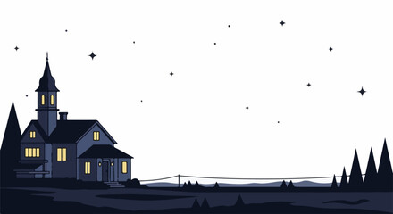 A large house with a tall steeple stands on a hill at night © Agung