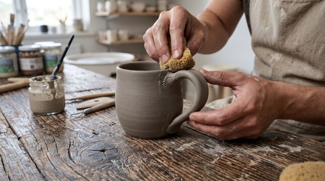 Adult potter shaping and sponging ceramic mug on wooden workbench in bright pottery studio, hands smoothing handle and rim, focused tactile craft and glazing preparation