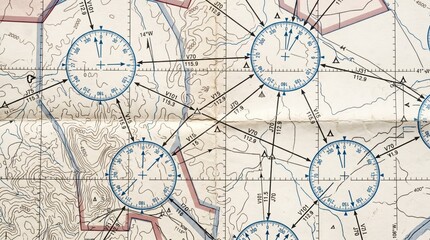 Fototapeta premium Detailed folded navigation chart with circular compass roses, topographic contour lines and plotted routes on aged paper surface for cartography and planning, analytic and technical appearance
