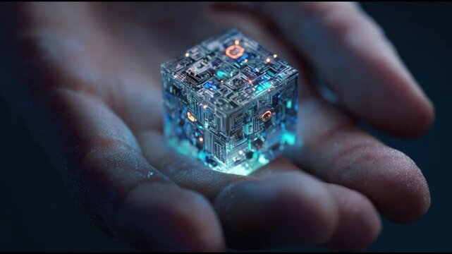 A futuristic glowing cube, intricately designed with circuitry and microchips, rests delicately on a human palm. ..Created with Generative AI, not depicting real subjects.