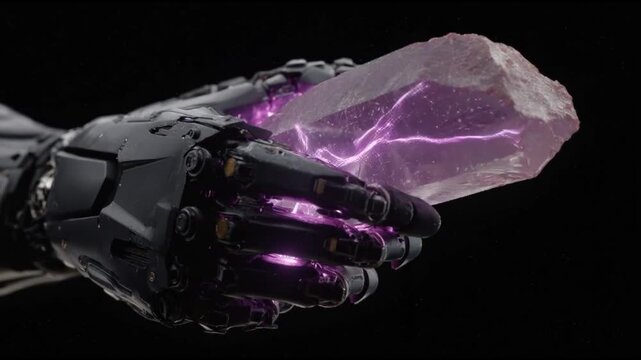 A robotic hand grips a glowing amethyst crystal, pulsing with ethereal energy and illuminating the darkness. ..Created with Generative AI, not depicting real subjects.