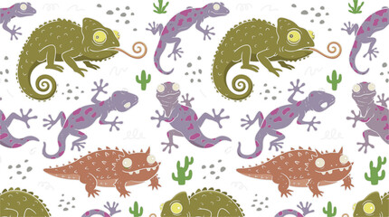 Obraz premium Seamless Reptile Pattern Featuring Chameleons, Geckos and Lizards with Desert Nature Elements in Playful Wildlife Vector Style