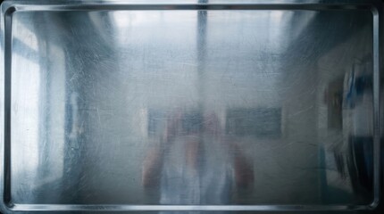 Fototapeta premium Metal baking tray with scratched reflective stainless steel surface showing faint human reflection on indoor kitchen countertop, worn cookware in utilitarian setting