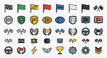 Naklejka premium Elegant Racing and Motorsport Iconography Collection Featuring Flags Symbols and Emblems for Competitive Driving