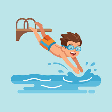 A happy young boy dives into a blue swimming pool