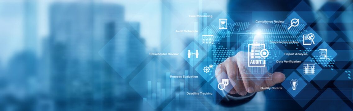 Financial auditor analyzing digital data pointing hand at Audit compliance graph chart growth metrics across a secure global network. Advancing enterprise technology for modern business success.