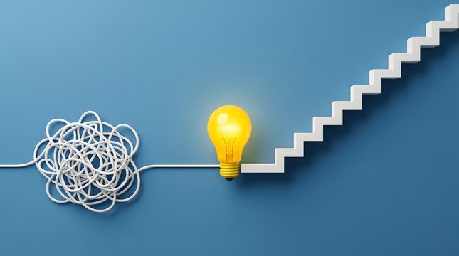 Tangled wire untangling through lightbulb turning into upward stairs