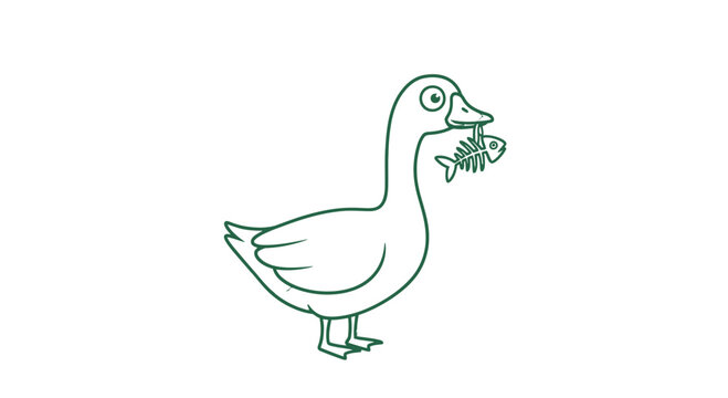 Simple Line Drawing of Duck with Fish.