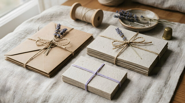 Rustic brown packages tied with twine and lavender on linen.