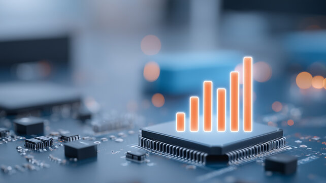 Microchip with rising bar chart on circuit board, symbolizing data growth, analytics performance, and scalable technology.
