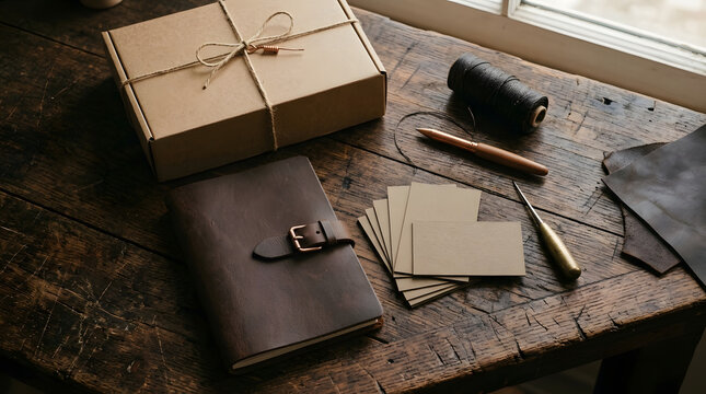Vintage leather notebook and packaging on rustic wooden table.