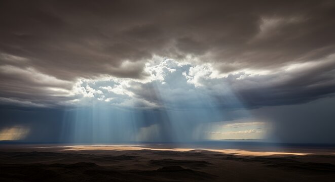 Dramatic Sunbeams Breaking Through Stormy Clouds Over Vast Desert Landscape