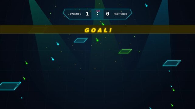 Futuristic digital sports broadcast interface with scoreboard and neon motion graphics for e-sports live streaming