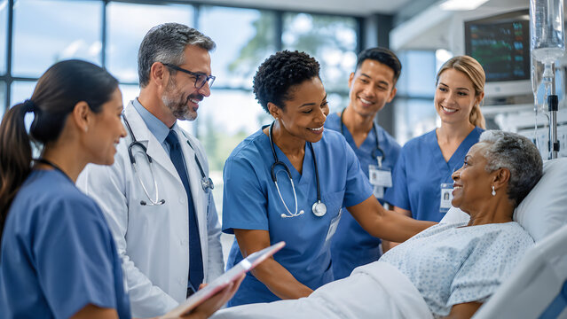 Diverse team of medical doctors and nurses caring for an elderly patient in hospital room, 3d loop concept of healthcare support