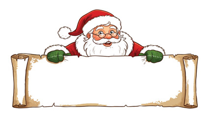 Santa Claus illustration holds a blank parchment scroll for custom holiday messages and festive seasonal greetings. © Adam