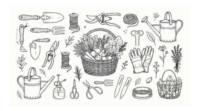 Vintage gardening tools and harvest basket vector set, hand drawn garden equipment illustrations, rustic black and white horticulture icons for branding