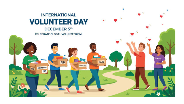 Volunteers walk along a path through a park while carrying boxes to celebrate global volunteerism.