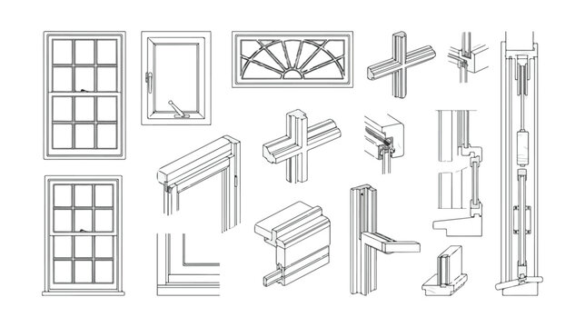 Architectural window technical drawings, construction details and frame sections vector set, building blueprint elements for engineering