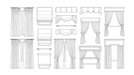 Technical curtain sketches and window treatment set, interior design drapery line art icons, architectural window covering vector collection © I'm_coming
