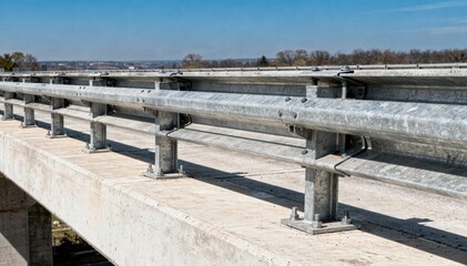 Fototapeta premium Medium shot of extruded bridge deck guardrails highlighting heavy structural design along a highway overpass under clear daylight.