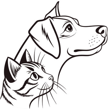 Black and white pet icons, dog and cat heads, side by side, line art illustration, animal duo, pet pair, monochrome vector graphics