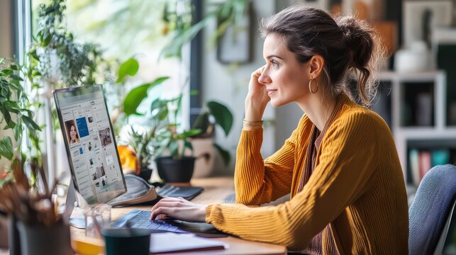 Woman sitting at a wooden desk near a window filled with lush indoor plants while she works on her computer and looks away with a thoughtful expression.