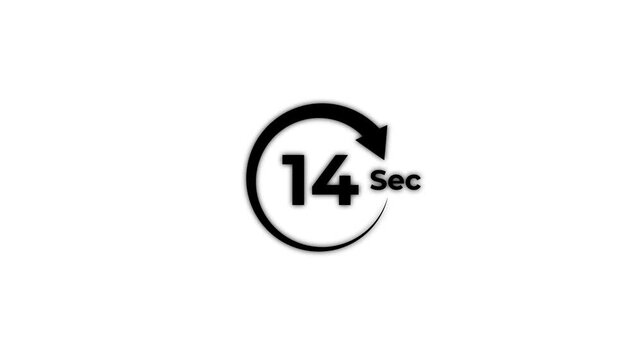 14 Seconds timer clock animation. Circle arrow countdown timer animation from 14 to 0 Seconds. Stopwatch timer clock animation.