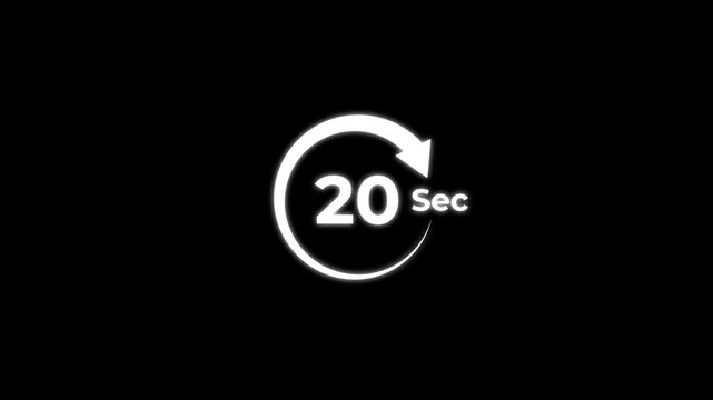 20 Seconds timer clock animation. Circle countdown timer animation from 20 to 0 Seconds. Stopwatch timer clock animation.