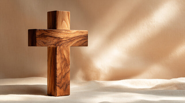 Wooden Christian cross standing vertically on a soft linen fabric surface with warm sunlight rays.