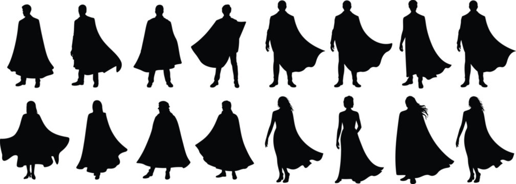 Silhouettes of people wearing capes in various poses isolated on transparent background.