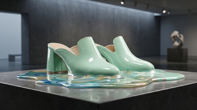 Glossy mint-green high-heel mules on a plinth with surreal melting base in a minimalist gallery; fashion-sculpture hybrid in a quiet museum.