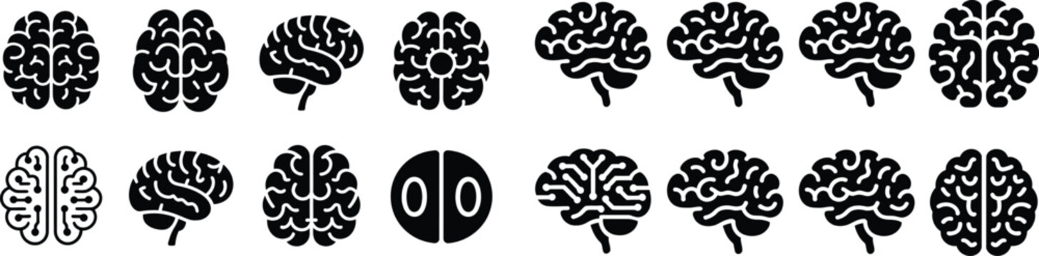 Brain icons with different views showing structure and neural connections front side and back.