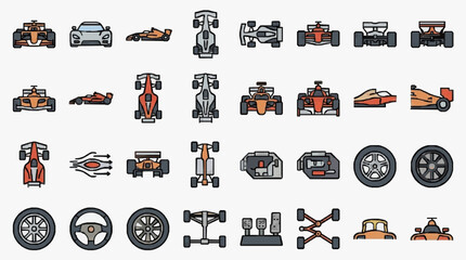 Naklejka premium Creative Collection of Racing Car Components and Vehicles in Stylized Illustrations with high professional line art symbols for modern creative design and digital branding projects