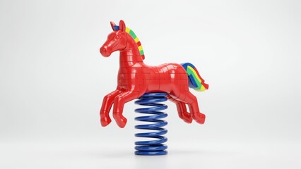 A red toy horse on a blue spring isolated on white background