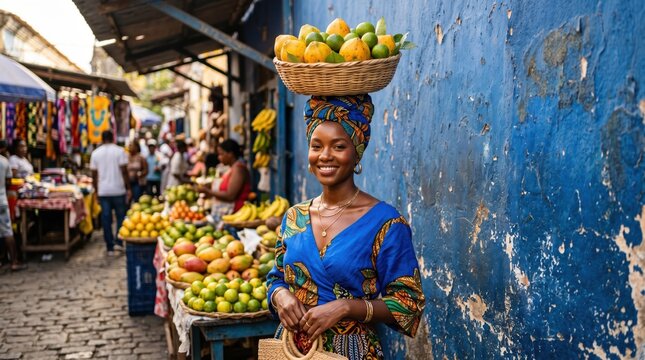 Woman vendor smiling and carrying basket of fruit on head in busy outdoor market alley; colorful patterned clothing and headwrap, standing by blue textured wall, daytime street commerce scene