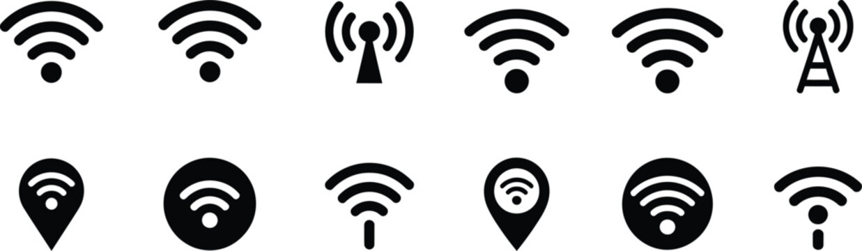 Collection of Wi-Fi signal icons, wireless network and location pins.