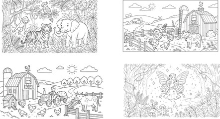Obraz premium Line art illustration of a rural village with houses and people