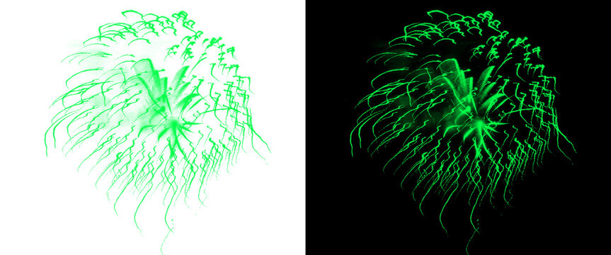 Green fireworks explosion set, vibrant neon pyrotechnics on black and white backgrounds, festive light burst for holiday celebration and events