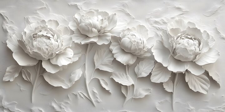 Monochromatic white bas relief sculpture of four peony flowers